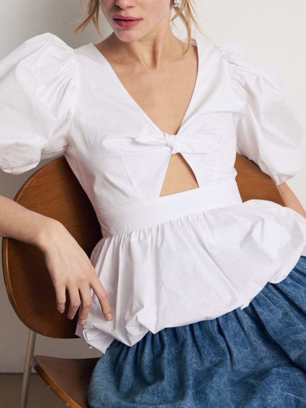 ROTATE White Puff Sleeve Bubble Top Tie-Front Peplum Blouse